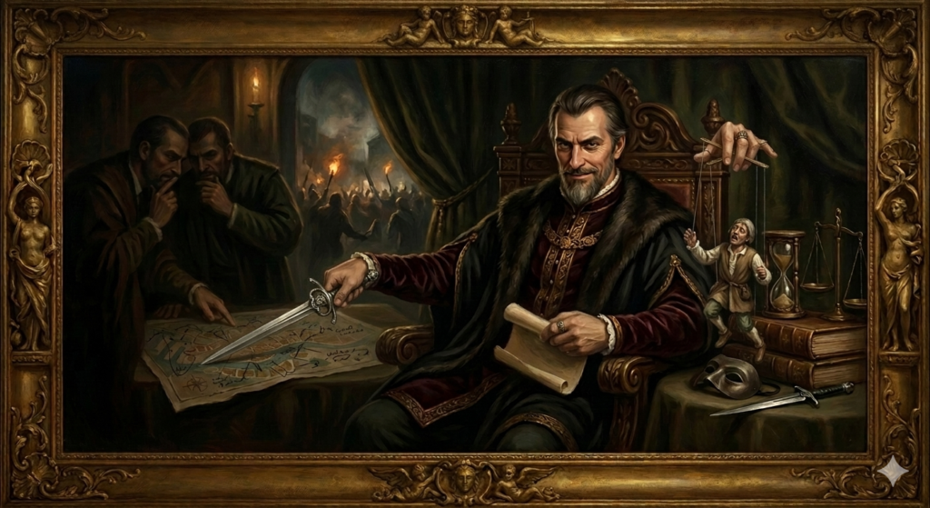 בציור אלמנטים המדגישים את הקונפליקט הפוליטי ואת המחיר של שלטון מקיאווליסטי:
היועצים והמזימות: משמאל למנהיג, שני יועצים בלבוש כהה מתלחששים מעל מפה של עיר. אחד מצביע על נקודה אסטרטגית בעוד השני מסמן לו לשתוק – סמל לתכנון המוקדם ולמניפולציות הנעשות הרחק מעיני הציבור.
התקוממות עממית: ברקע, מבעד לקשת גדולה, נראה המון זועם הנושא לפידים. זהו הניגוד המובהק שבין השקט המחושב של המנהיג לבין הכאוס שבחוץ, הממחיש את המתח התמידי בין השלטון לעם.
סמלי אסטרטגיה: על השולחן מימין נוספו חפצים שמסמלים את הגישה הקרה שלו: שעון חול (הזמן כאמצעי לחץ), מאזניים (השקילה הצינית של רווח מול הפסד), פגיון ומסכה (הסתרת הכוונות האמיתיות).
הציור ממחיש כעת לא רק את הדמות עצמה, אלא את כל "מגרש המשחקים" הפוליטי שבו היא פועלת.